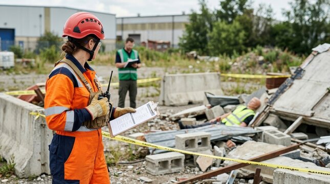 Emergency responders in high visibility clothing assess a collapsed structure with rubble and caution tape