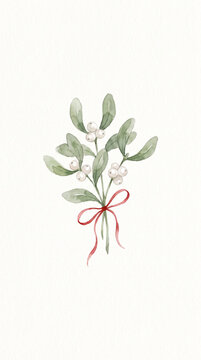 Watercolor mistletoe illustration featuring green leaves, white berries, and a red bow on white background