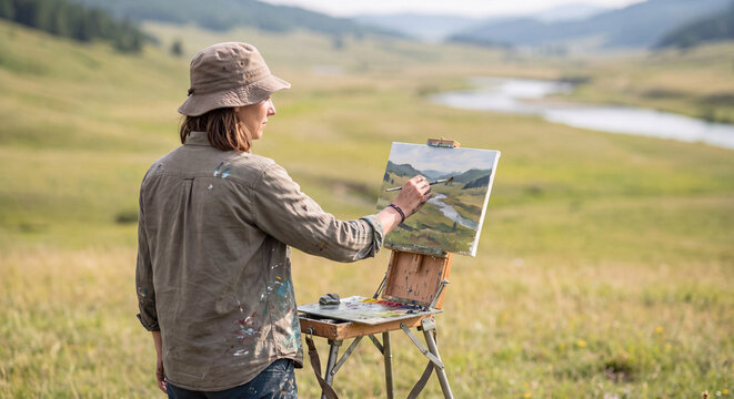 An artist wearing a sun hat paints an oil landscape on an outdoor field easel overlooking a scenic green valley and meandering river in nature