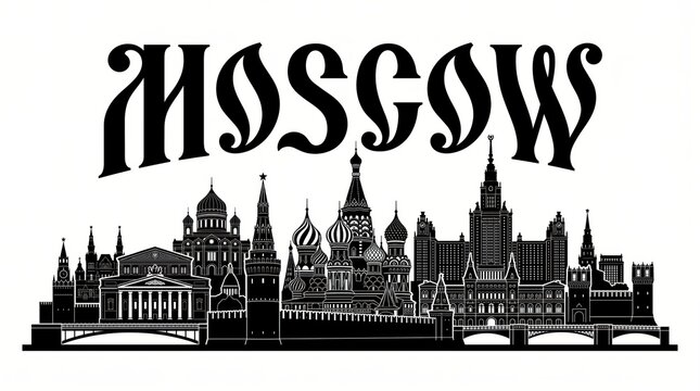 Extremely detailed Moscow, Russia landmark-rich silhouette with elegant MOSCOW lettering.