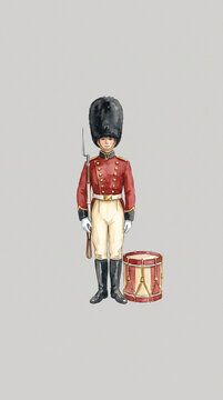 Watercolor illustration of a traditional British royal guard in red tunic and bearskin hat with a snare drum