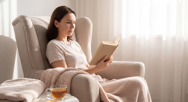 Young brunette woman resting under a warm plaid blanket in a cozy armchair reading an interesting book near a bright window with herbal tea on table