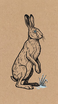 Hand-drawn illustration of a wild hare standing on its hind legs with blue eyes on a vintage craft paper background