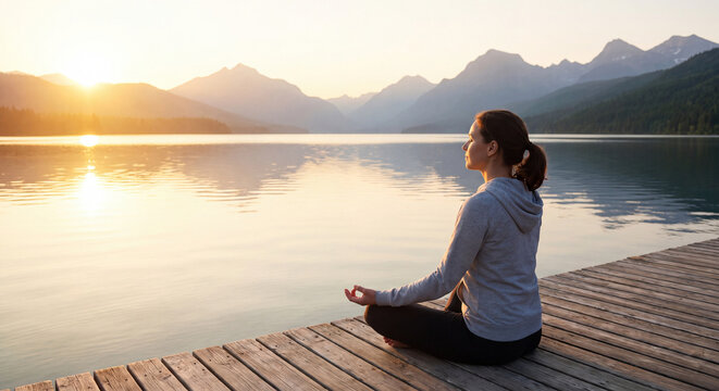 Tranquil woman meditating in lotus position on a wooden lake pier watching the golden sunrise over calm water and misty mountain ridges