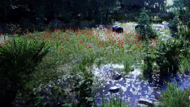 A field is filled with red flowers and green plants. A small pond is visible among the greenery. The scene is set in the afternoon with bright lighting and vibrant colors.
