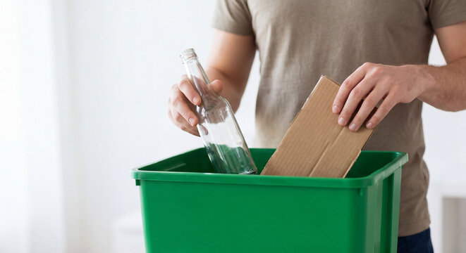 Responsible person sorting household waste by throwing an empty glass bottle and cardboard boxes into a green recycling container indoors