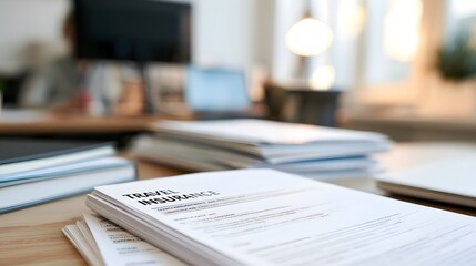 Obraz premium Travel insurance documents rest on a wooden desk in a softly lit office space with blurred background elements