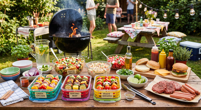 A wooden garden table is laid with fresh salads snacks and glass food containers beside a smoking barbecue grill during an outdoor backyard summer gathering