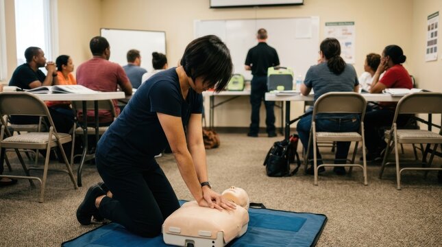 A diverse group of people attend a CPR training class with an instructor demonstrating chest compressions on a mannequin