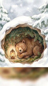 Watercolor illustration of a cozy brown bear sleeping peacefully in a snowy winter den with a glowing oil lamp