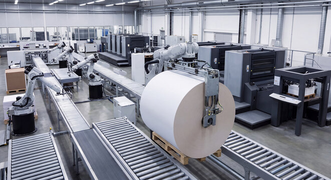 An automated industrial printing and packaging factory floor features a massive raw paper roll positioned near high speed conveyor lines and machinery
