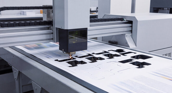 An automated industrial flatbed CNC cutting machine plotter uses a precise digital cutting head to trim and contour cut printed graphic packaging sheets