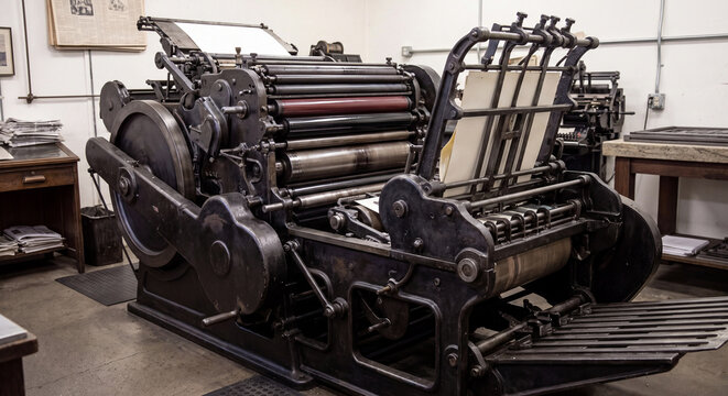 A historic heavy iron cylinder letterpress machine stands fully assembled and ready for operation in an authentic artisan printing studio.