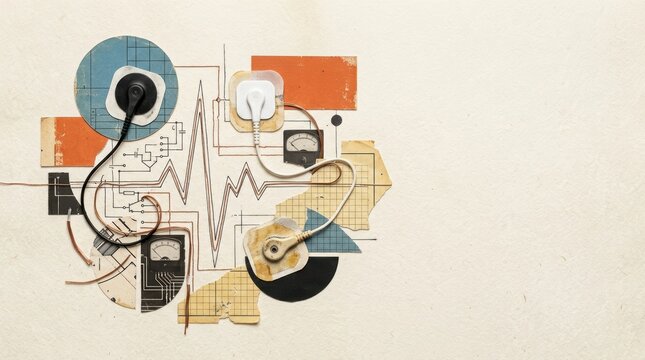 Medical electrodes and wires connected to a circuit diagram and vintage meters emergency response