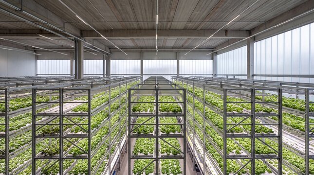 Large automated vertical farming facility with hydroponic tiers