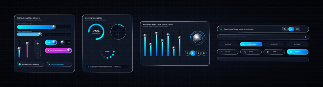 Set of futuristic dashboard ui control panels with sliders, progress bars, and data visualization elements