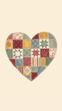 Handmade heart shaped patchwork quilt with vintage floral and geometric patterns in soft pastel and rustic colors