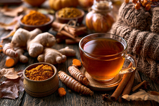 Hot herbal tea cup with ginger roots and turmeric powder on rustic wooden surface