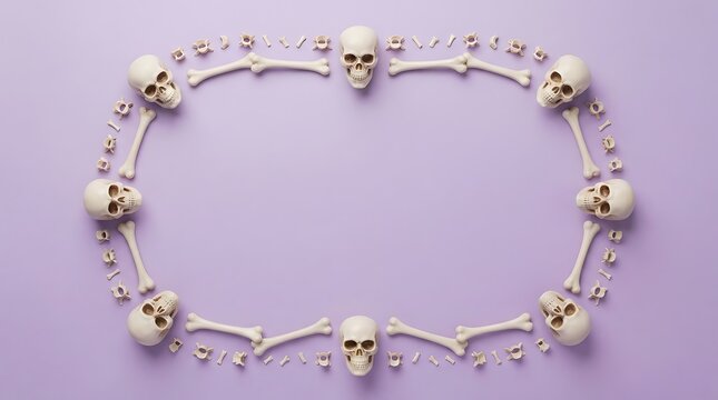Decorative frame made of human skulls and bones arranged on a light purple background for halloween celebration