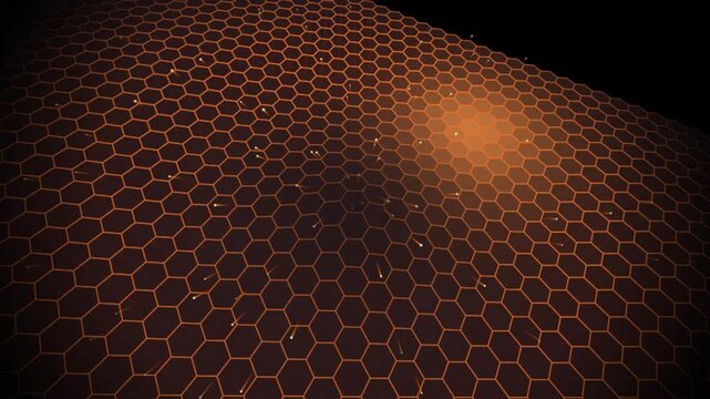 Orange Glowing Particles Radiating Across a Dark Hexagonal Grid Background
