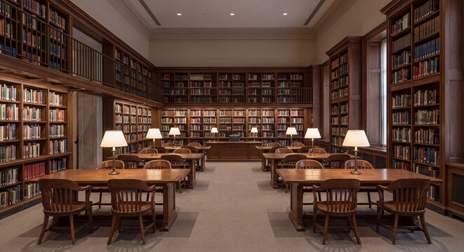 Atmospheric interior of a traditional grand library hall with rows of wooden bookshelves reading desks equipped with banker lamps and chair seating