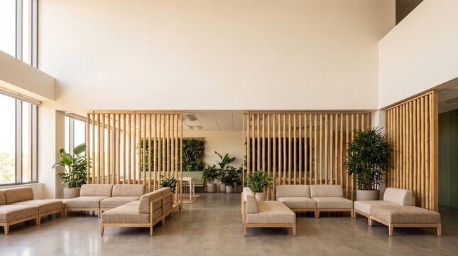 Biophilic office lounge with bamboo partitions and seating