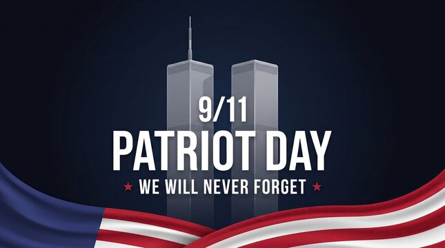 Patriot Day 9/11 memorial graphic displaying twin vertical light beams and a stylized American flag wave for solemn national remembrance events with an inspiring never forget message.