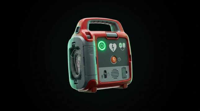 A red and gray automated external defibrillator with illuminated indicators and a cord compartment