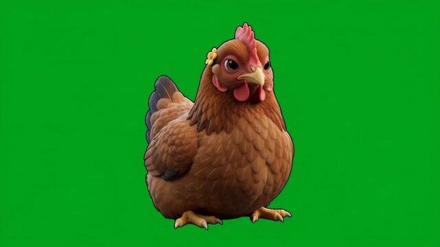 Cute cartoon hen with brown feathers and a red comb standing on a green background, looking forward.