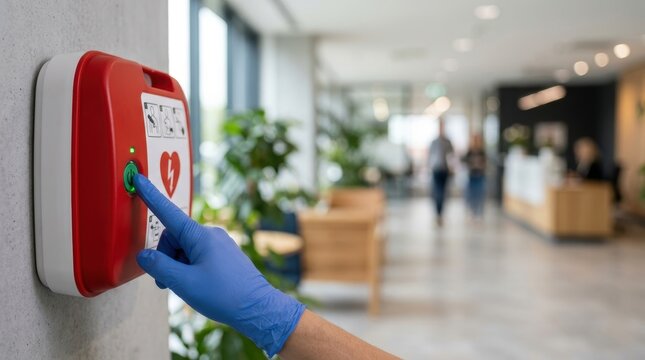 Person in blue glove pressing green button on red automated external defibrillator device