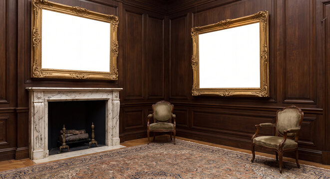 Interior view of an elegant vintage room featuring dark wood paneled walls classic fireplace armchairs oriental rug and blank gilded picture frames