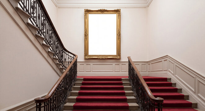 View looking up a grand classical staircase with red carpet runner ornate wrought iron railing and a large blank gold gilded picture frame on wall