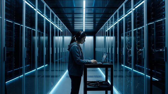 IT professional in data center with server racks performing system