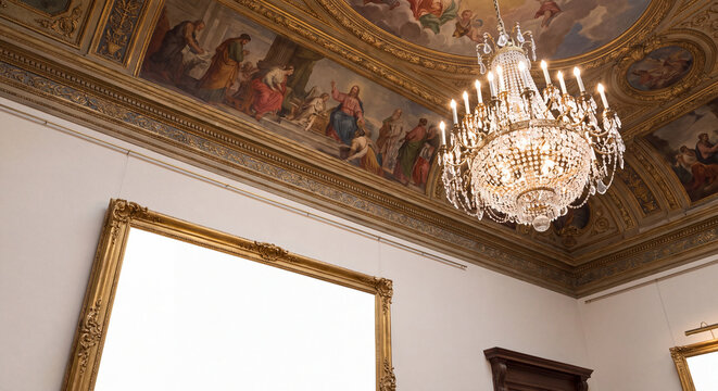 Low angle perspective of a magnificent historic palace ceiling with painted fresco ornate crystal chandelier and a large tilted blank golden picture frame