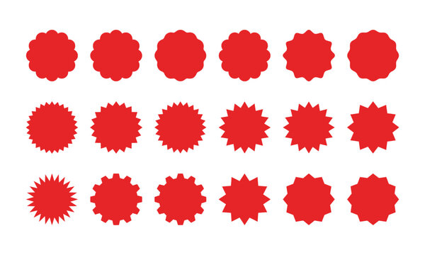 Vibrant red vector burst shapes set featuring various jagged edges for creative retail discount promotional designs