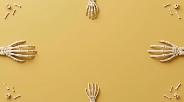 Skeleton hands framing yellow background