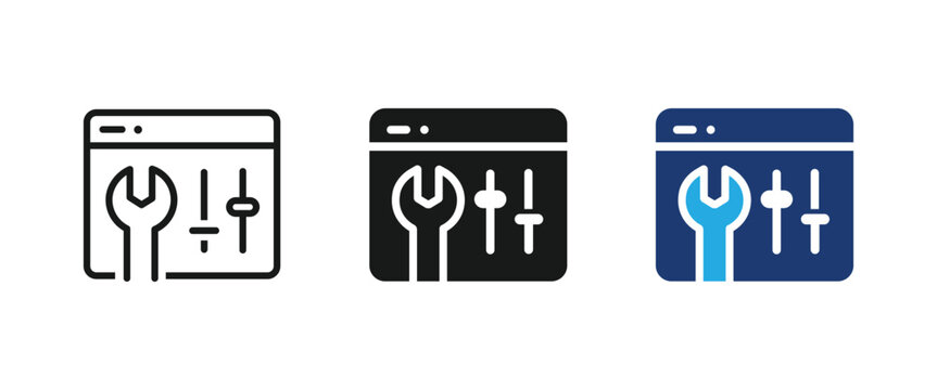 Website settings wrench sliders browser configuration vector icon set