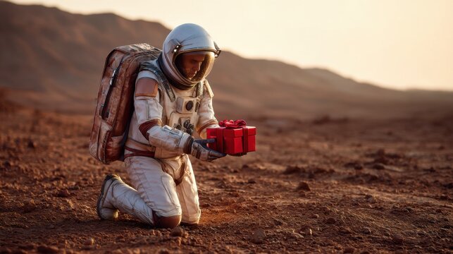 An astronaut on the Martian surface holds a gift in the sunset.
An astronaut holding a box on the Red Planet, a symbol of humanity in space.