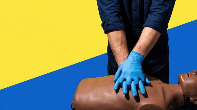 Close up of person in blue gloves performing chest compressions on a CPR training dummy