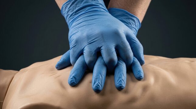 Hands in blue gloves perform chest compressions on a CPR training dummy emergency response