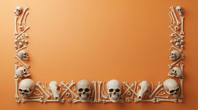 Decorative frame made of human skulls and bones arranged on a solid orange background for halloween