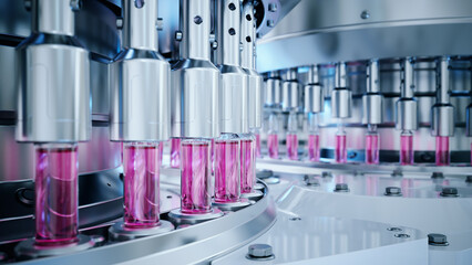 Naklejka premium Pharmaceutical Vial Filling Line With Pink Vaccine Fluid in Automated Sterile Production Facility