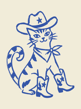 Cowboy Cat Hand Drawn Vector Illustration