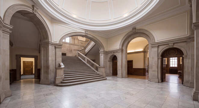 A classical neoclassical university entrance foyer showcasing a sweeping stone staircase arched entryways and polished marble floors