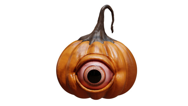 Creepy cyclops Halloween pumpkin with giant single eyeball on transparent background with alpha channel for horror monster concept and seasonal decoration