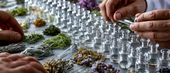 Obraz premium Rows of Fragrance Sample Vials with Botanical Ingredients for Professional Perfume Testing Laboratory Research and
