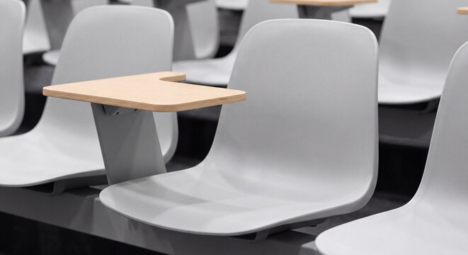 Contemporary white auditorium chairs equipped with compact foldout desks in an empty bright university classroom for students