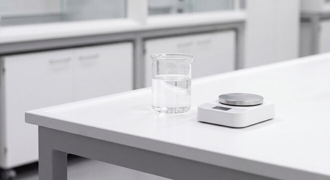 Laboratory equipment featuring a clear glass beaker filled with liquid on a digital magnetic stirrer over a white bench in lab