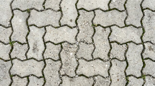 Interlocking grey concrete paving stone sidewalk tile background texture with concrete