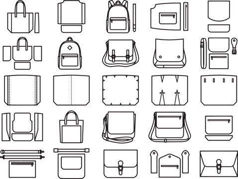A collection of flat drawings outlines various bags, including tote bags, backpacks, satchels, and envelopes, illustrating design components and construction patterns.